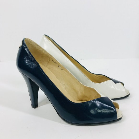 Christian Dior Vintage Blue & White Leather Open Toe Pump Heels - Picture 1 of 12